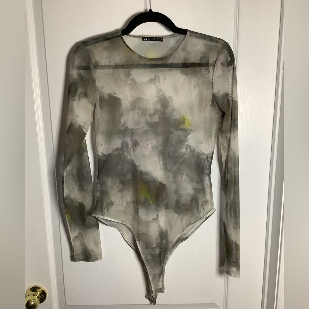 Zara Sheer Gray and Cream Mesh Bodysuit